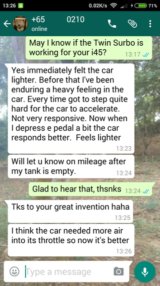 testimonial from owner of Hyundai i45 with Twin Surbo. 